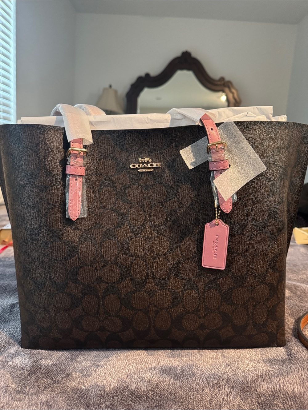 Coach Brown Signature Tote with Pink Leather Trim